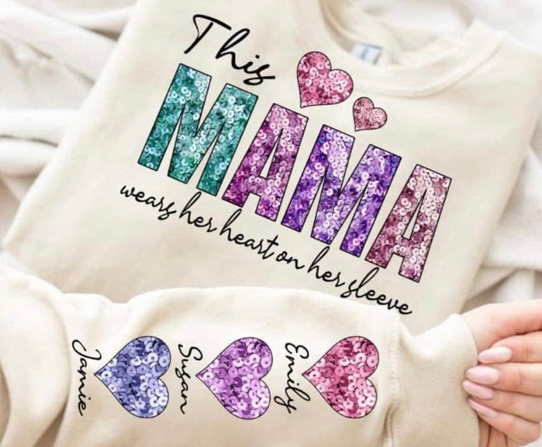 This mama wears her heart on her sleeve glitter heart sweatshirt