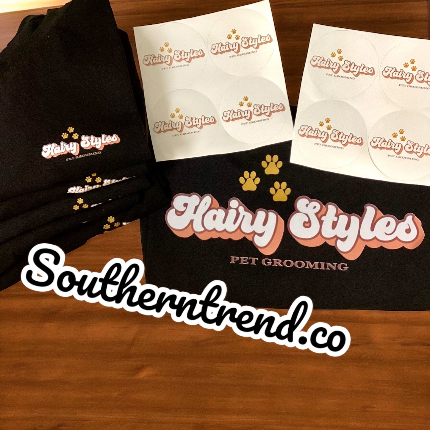 Hairy Styles business shirts and stickers