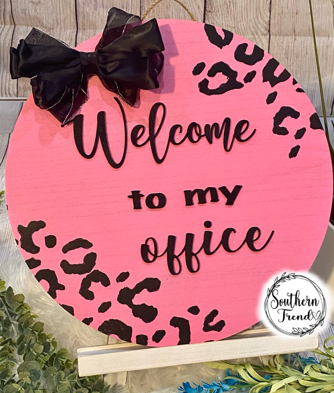 welcome to my office door hanger wood leopard print pink sign