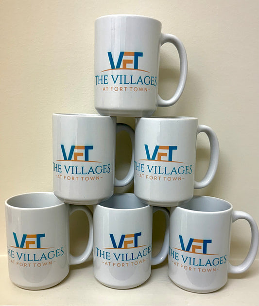 6 custom mugs vft the village logo