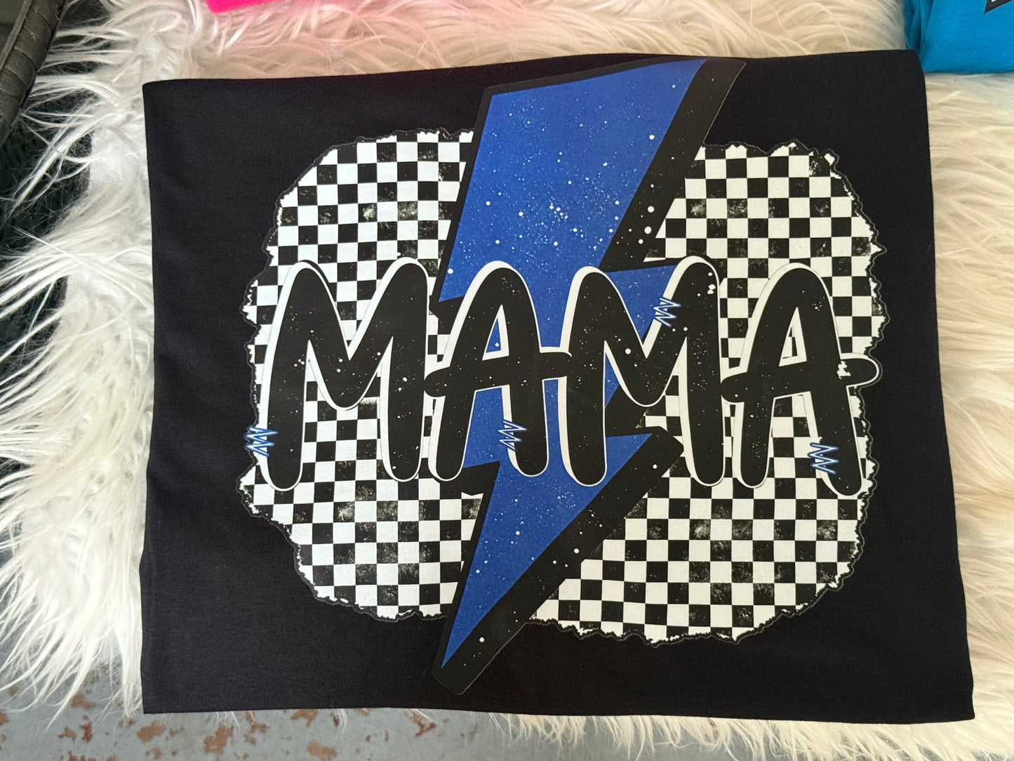 Blue Lightning Bolt Checkered Mama Tee