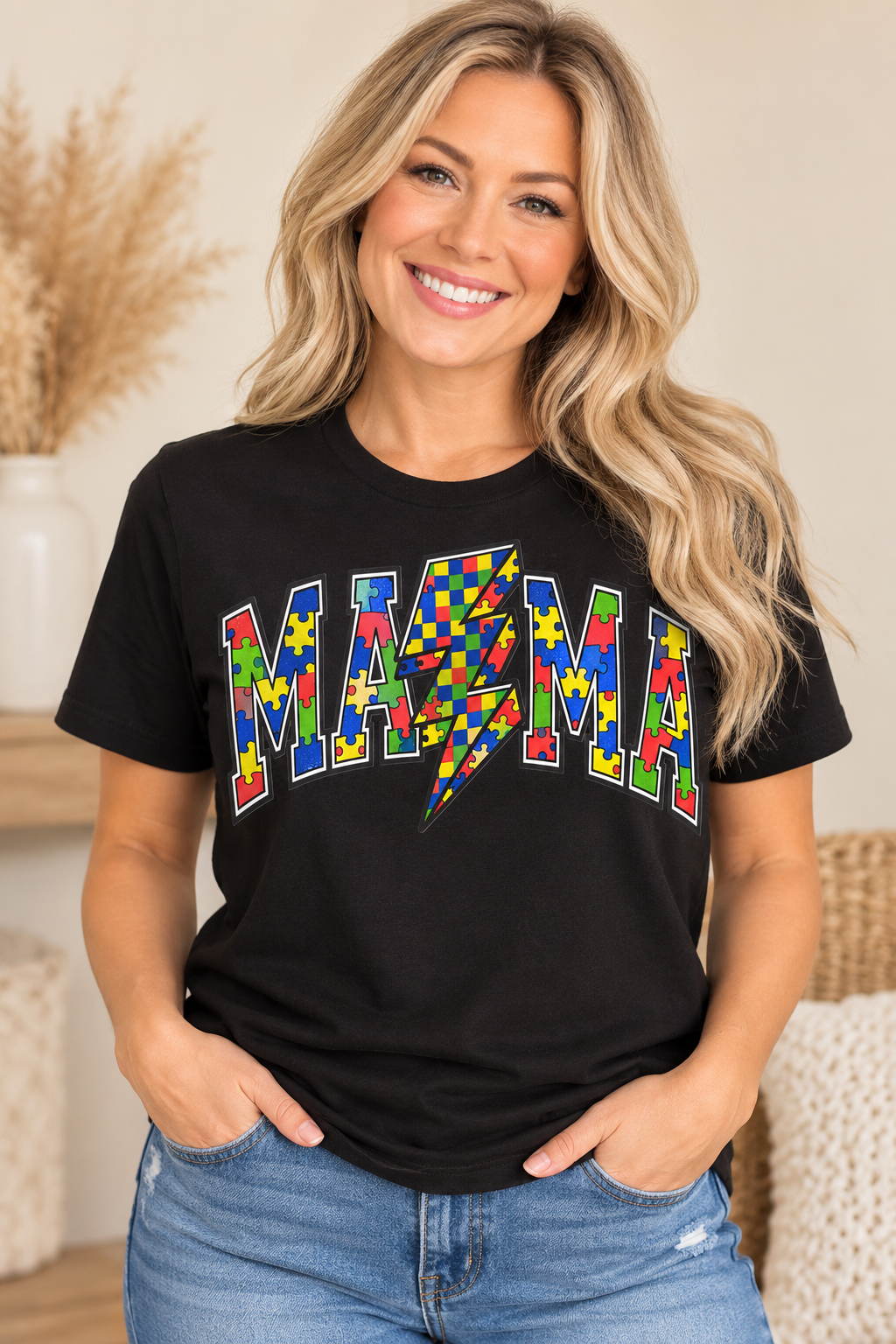 Autism Mama Puzzle Lightning Bolt Tee