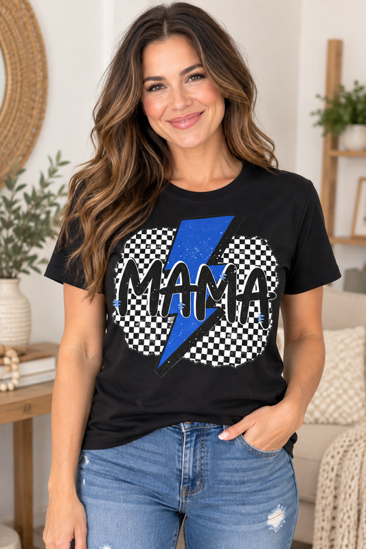 Blue Lightning Bolt Checkered Mama Tee