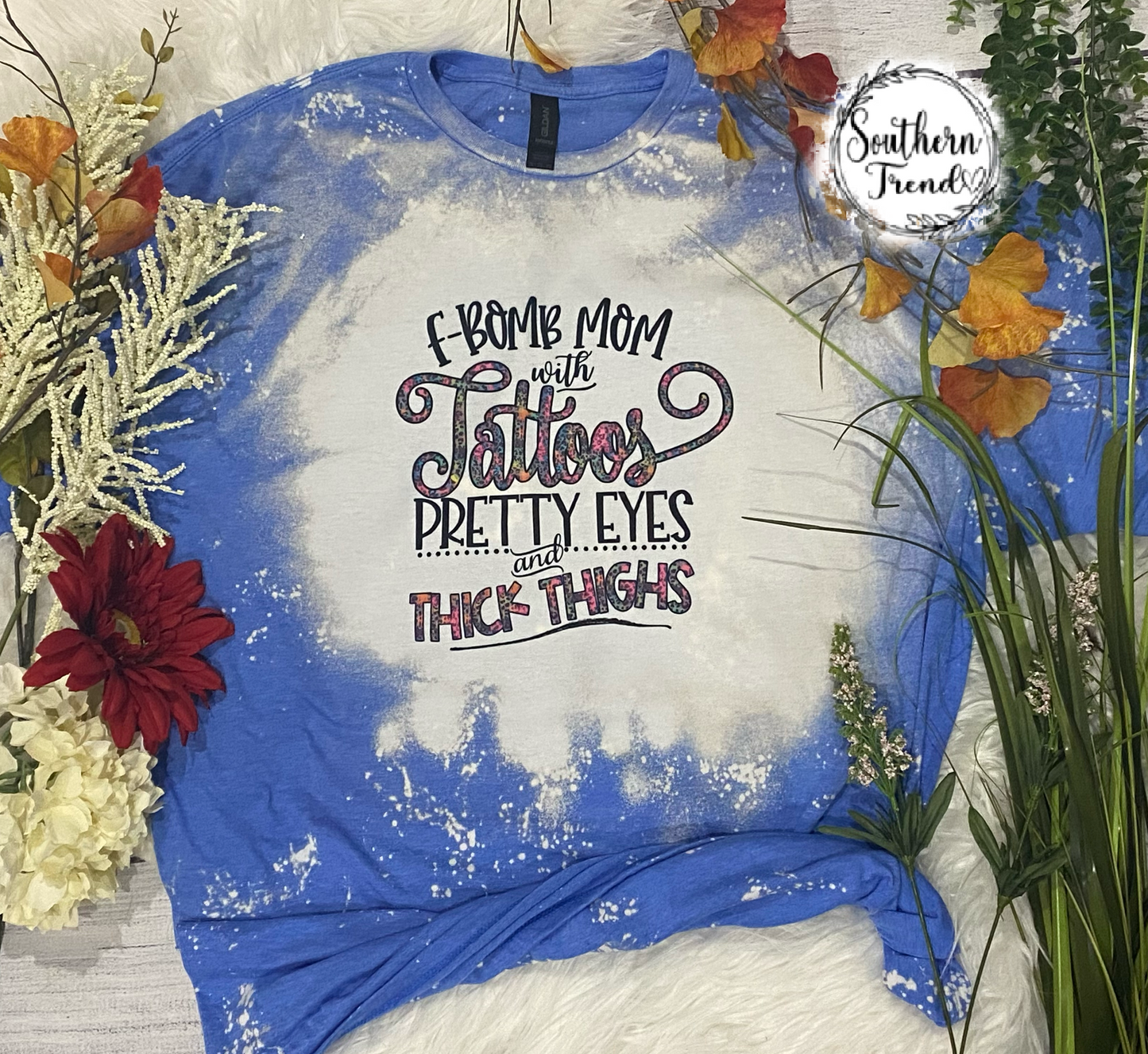 F bomb mom with tattoos pretty eyes and thick thighs bleached blue tee shirt